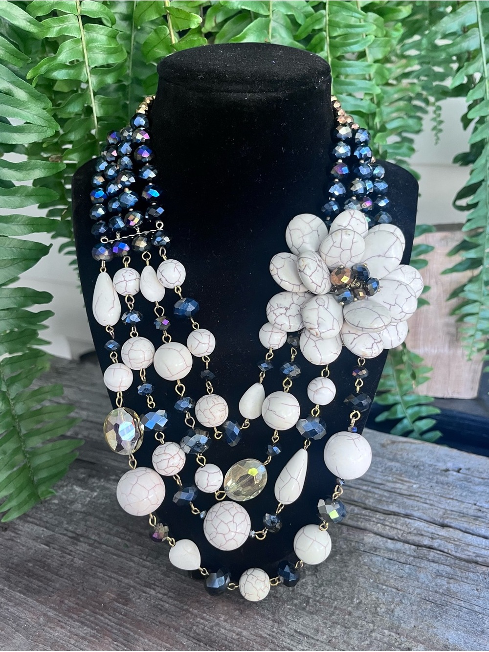 White Floral Statement Bib Necklace | Multi Strand Beaded Necklace